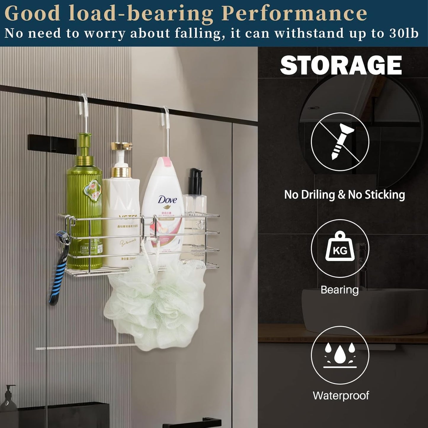 Shower Caddy Hanging Shower Rack SUS304 Stainless Steel Hanging Shower Orangizer with Hooks Over The Door, Shampoo Basket Storage (Single-Layer)
