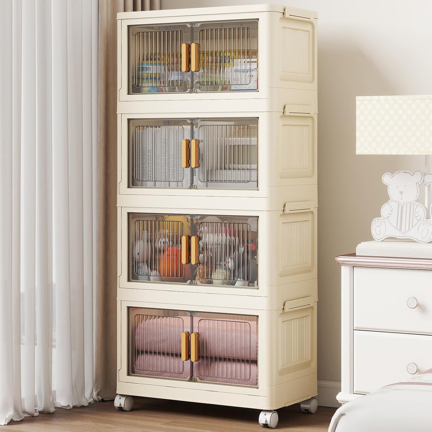 4 Tier Stackable Plastic Storage Bins with Lids 58QT, Collapsible Closet Organizers and Storage with Wheels for Living Room,Office,Dorm