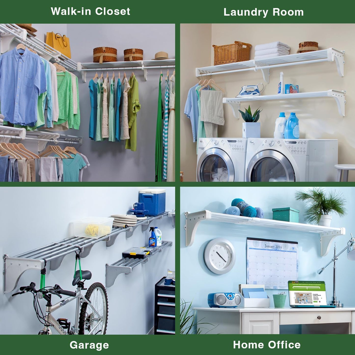 EZ Shelf Expandable Laundry Room Shelves Over Washer and Dryer - 2 Shelves (Expands 63.3 to 120") - 1 With Hanging Rod - White - Laundry Room Organization