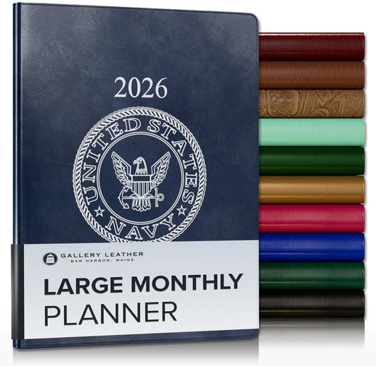 Gallery Leather Large Monthly Planner 2025-2026, Elegantly Bound Calendar Planner and Notebook with Stylish Gold-Gilded Page Edges, 18 Months - Acadia Navy - US Navy - 9.75x7.5"