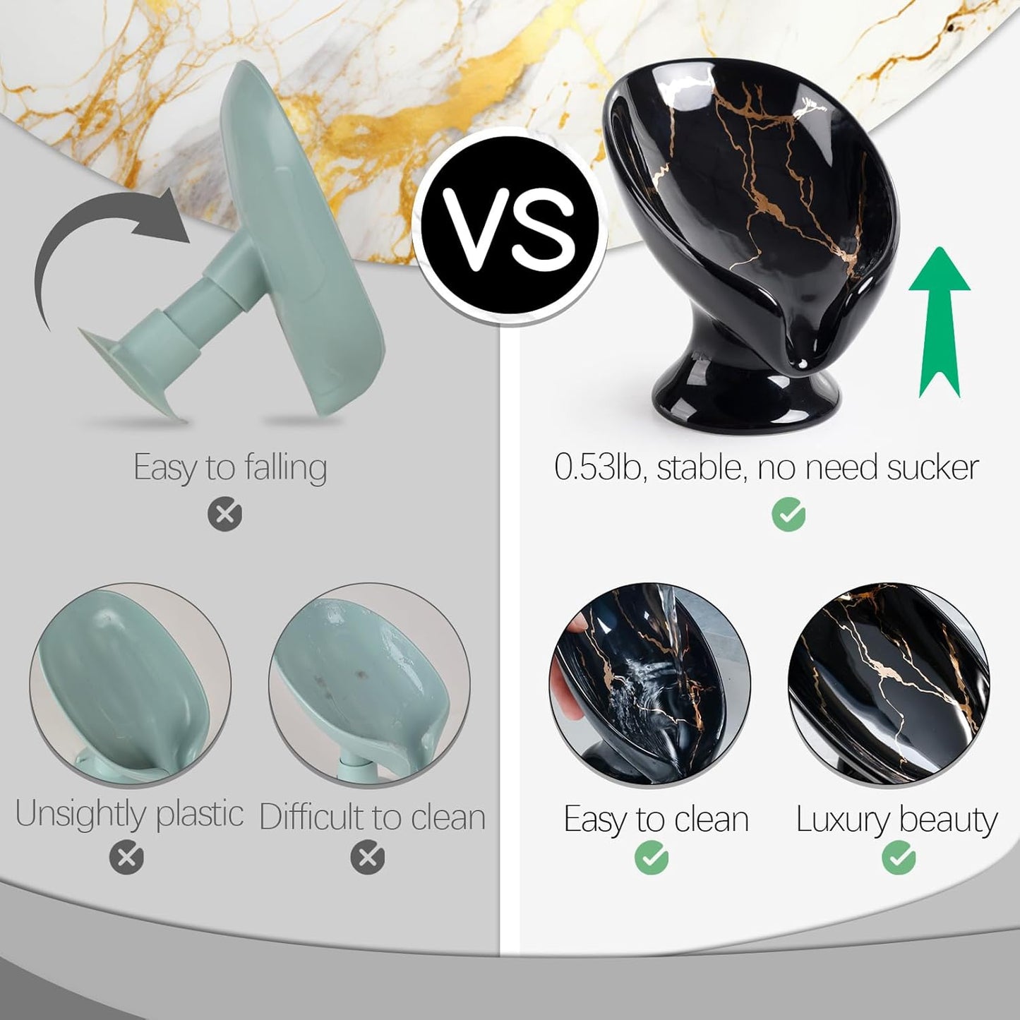 Soap Dish, Ceramic Soap Holder Self Draining Leaf Shape Bar Soap Holder, Marble Look Black Drain Soap Dish Holder for Bathroom, Easy to Clean Keeps Soap Dry, ANTIS'S HOME