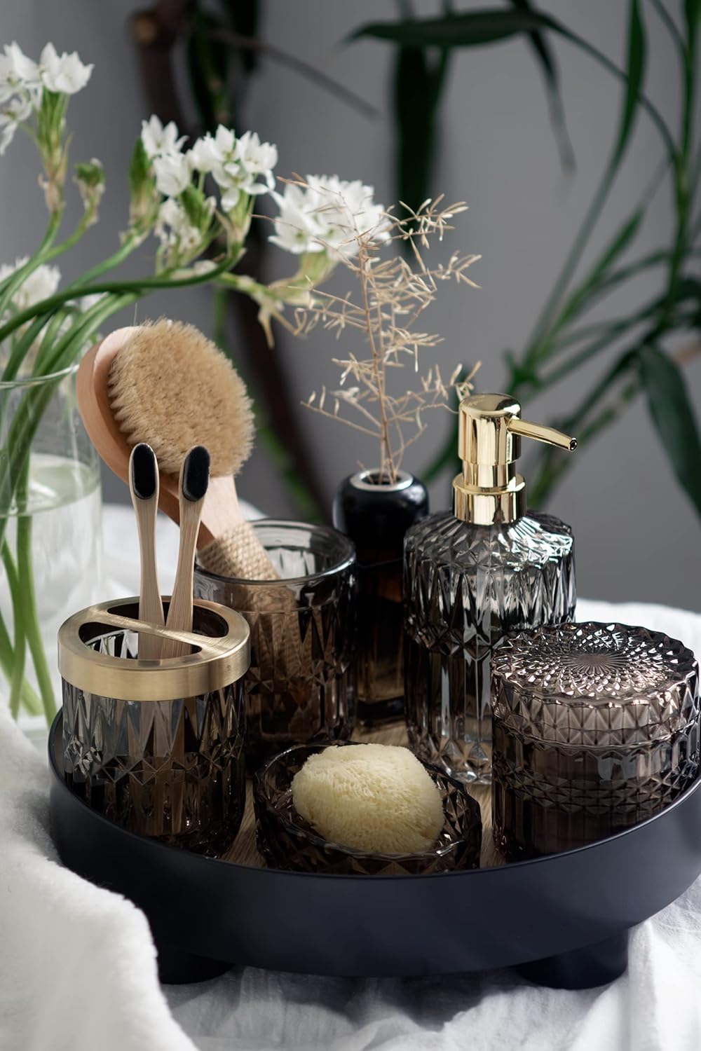 EMPO 6PCS Bathroom Clear Glass Accessories Set (Lotion Soap Dispenser, Soap Dish, Toothbrush Holder, Tumbler, Cotton Swab Jar) Contemporary Modern Decor Crystal Clear Vintage Gift (6pcs Gray)