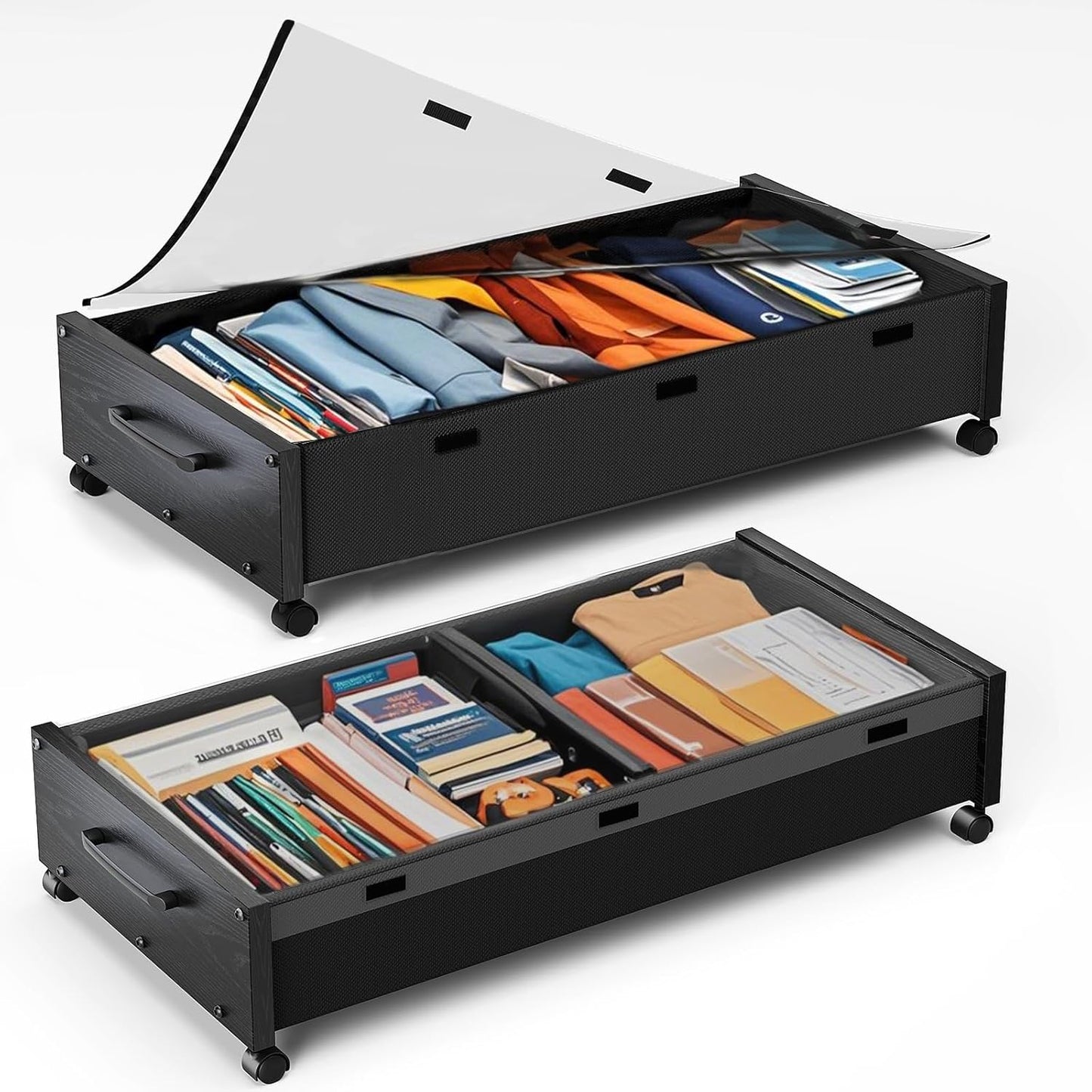 KITHELP Wooden Under Bed Storage with Wheels, 80L Extra-large Rolling Under the Bed Storage Bins 2 Pack with Removable Lid, Upgrade Metal Under Bed Drawers for Clothes Shoes Blankets in Bedroom