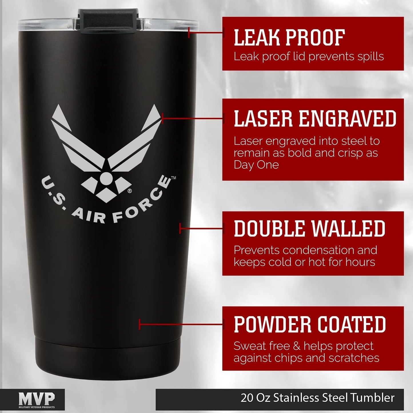 20oz Air Force Tumbler, Double-Walled Insulated Steel USAF Coffee Mug with Lid | Air Force Gifts | USAF 20oz Tumbler