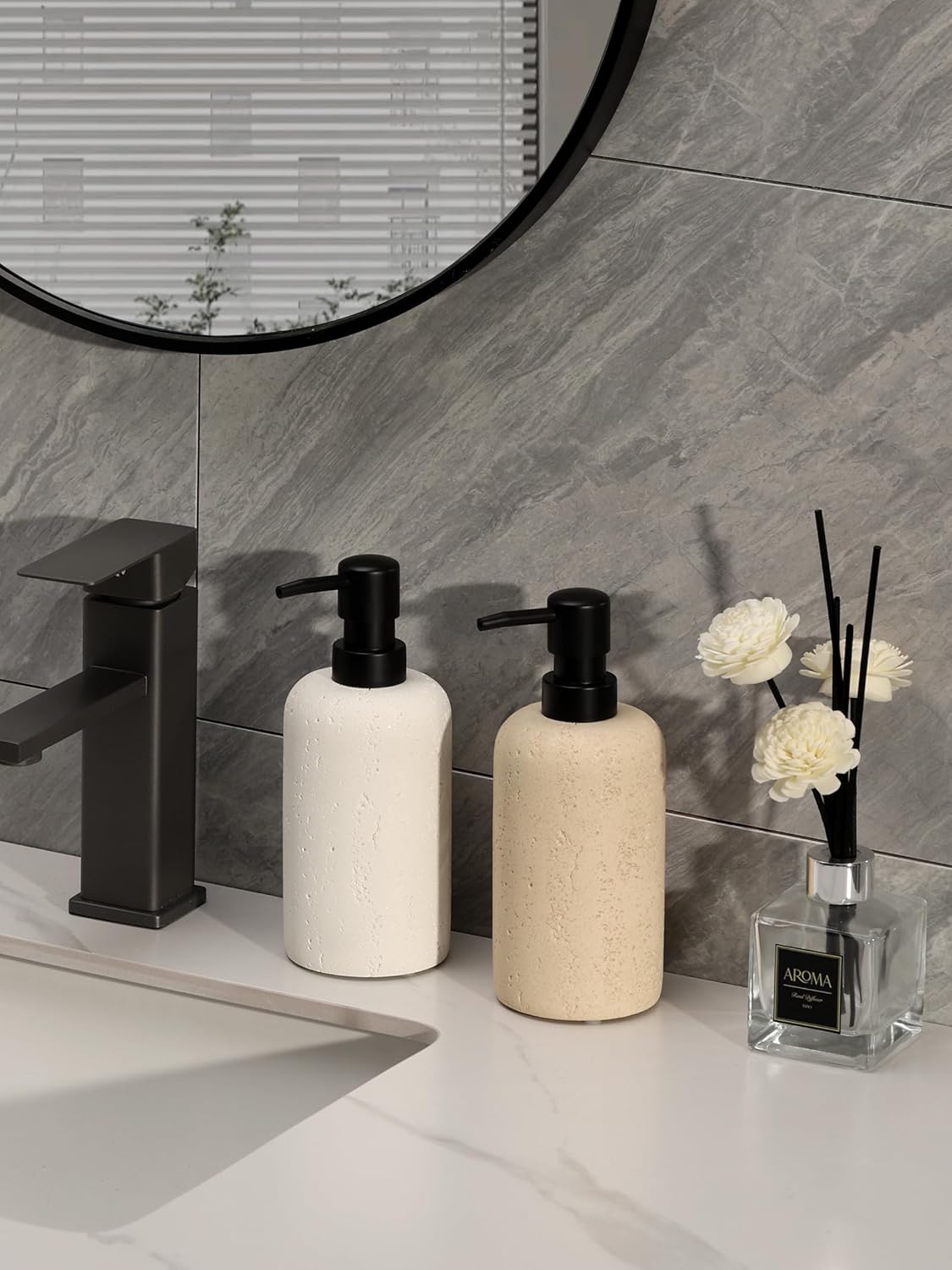 Soap Dispensers 400mL 13.5 OZ, 2 PCS Luxurious Hand Dish Lotion Shampoo Soap Dispenser Jar, Travertine Soap Bottles Rustproof Pump for Kitchen Bathroom Countertop