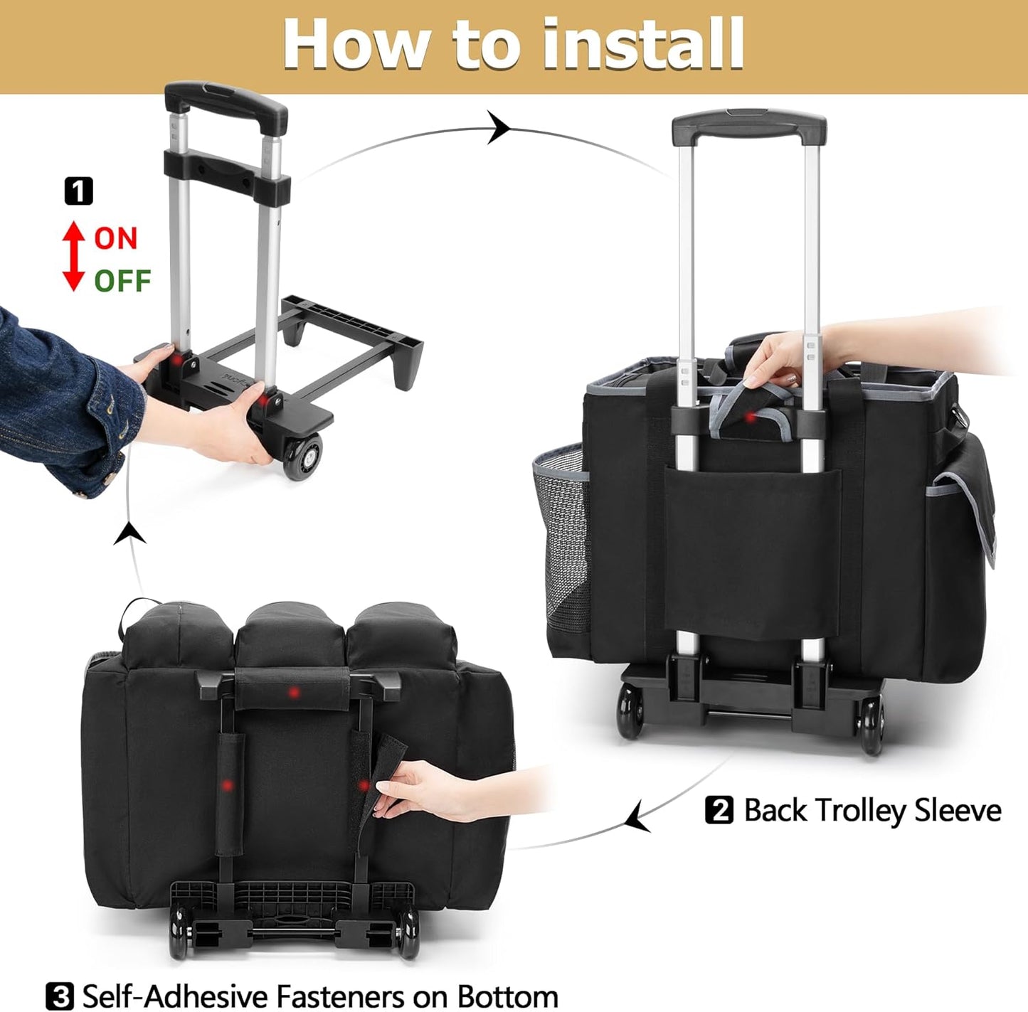 Large Cleaning Caddy with Detachable Trolley & Shoulder Strap, Cleaning Supplies Bag with Handles & Support Plates, Cleaning Product Rolling Organizer for Car Wash and Housekeeping