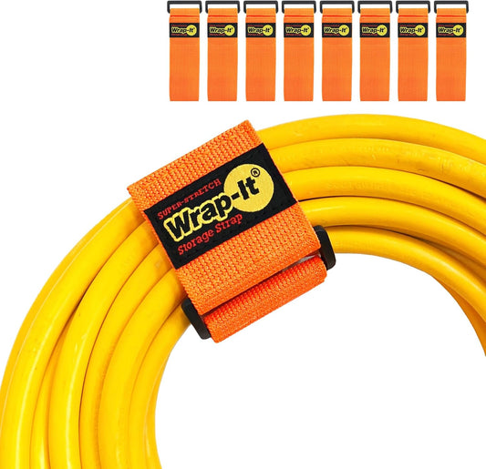 Super-Stretch Wrap-It Storage Straps - 12" (8-Pack) Orange - Elastic Hook and Loop Cinch Straps Extension Cord Organizer Hose and Cables Wraps