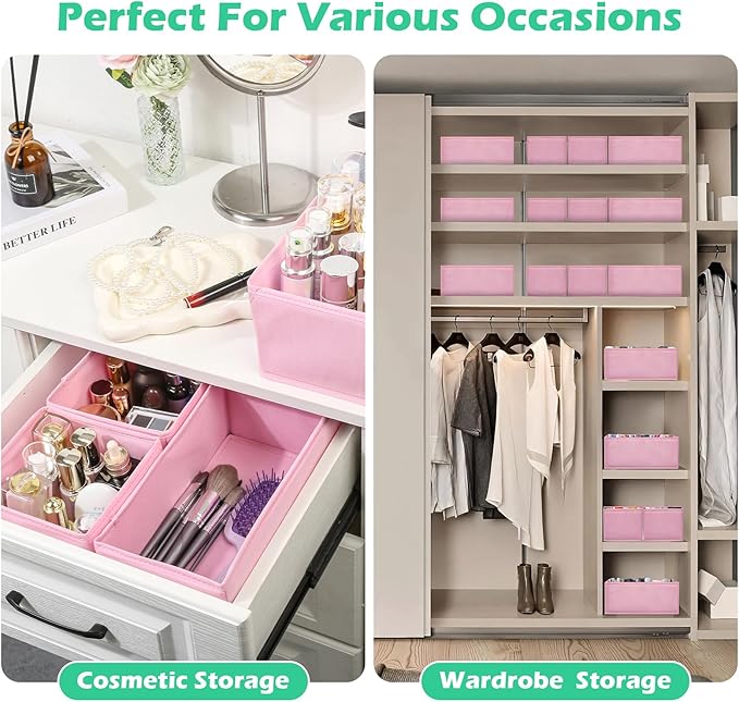 Drawer Clothing Organizer 16-Pack, Pink 3 Sizes Underwear Drawer Dividers, Fabric Folding Wardrobe Organizer for Baby Clothes, Bras, Underwear, Underpants, Belts, Socks, Ties, etc.