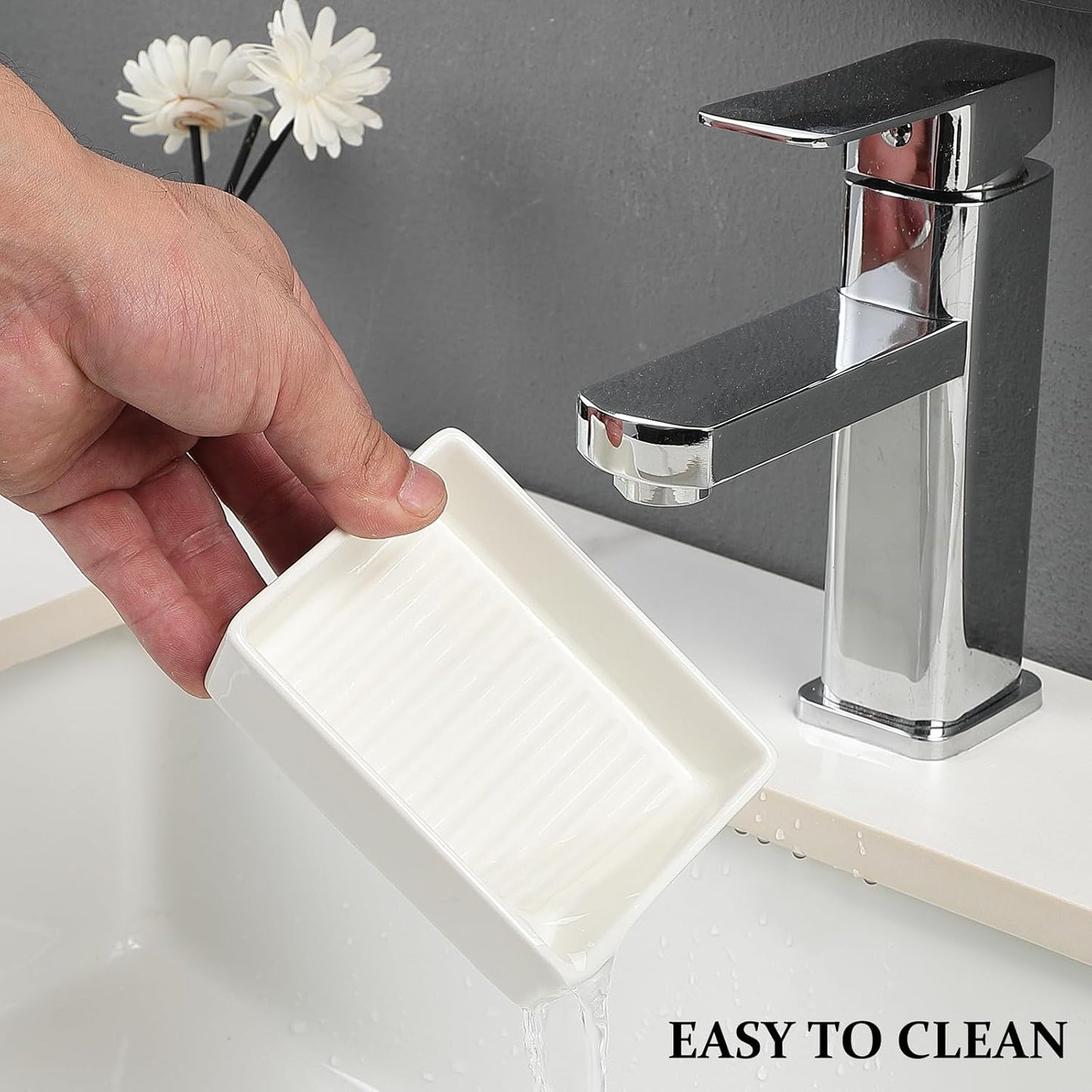 White Rectangle Soap Dish - Modern Ceramic Hand Soap Holder Non-Slip Bar Soap Holder Soap Tray for Bathroom, Kitchen Sink, Shower, Countertop, Easy to Clean