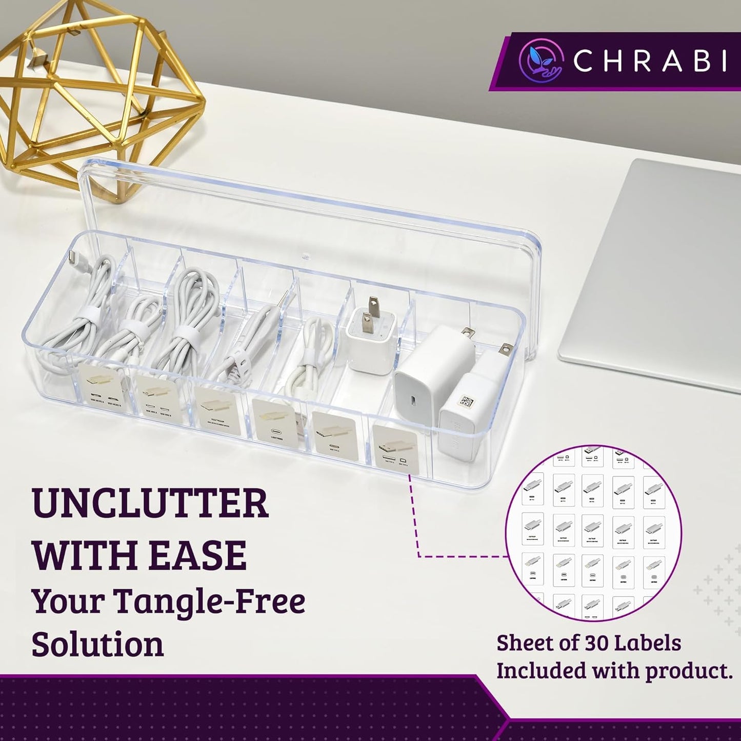 Set of 3 Cable Organizer Box W/Labels - Charger Box, Stackable W/Lids-Cord Organizer Junk Drawer- Cord Storage Box for Desk -Cable Organizer case