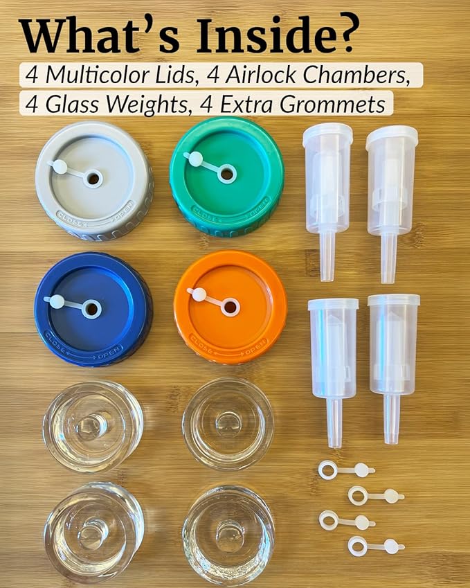 Elementi Mason Jar Fermentation Kit - Set of 4 Easy Grip Glass Fermenting Weights & Wide Mouth Mason Jar Fermentation Lids – Sauerkraut, Pickling & Fermenting Kit – 4 Weights & Airlocks
