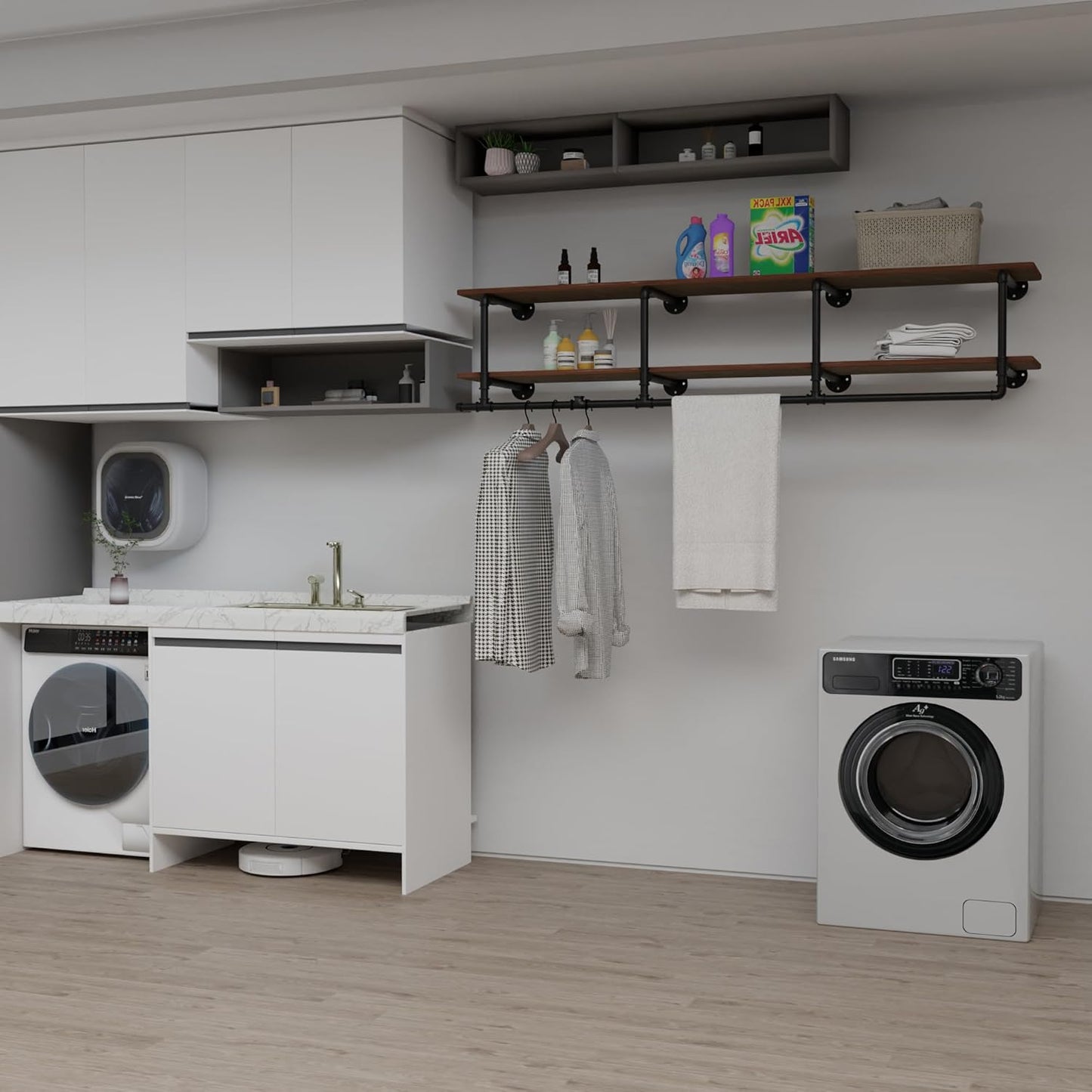 Clothes Rack 72in, Wall Mounted Garment Rack with Real Wood Shelf, Heavy Duty Hanging Clothes Rack, Multi-Purpose Hanging Rod, Space-Saving Closet Storage (2T72in)