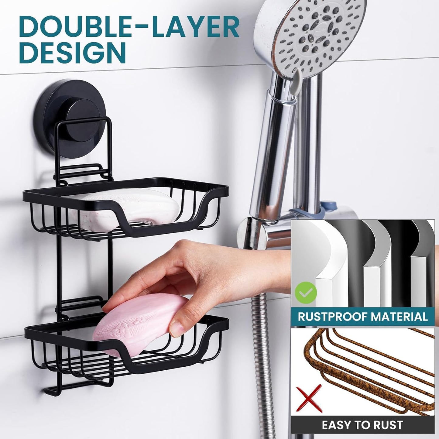 TAILI Double Layer Soap Holder, Drill-Free Bar Soap Dish Tray Suction Cup, Draining for Shower Wall, Bath Storage, Rustproof Stainless Steel Sponge Holder for Tub, Kitchen, Black