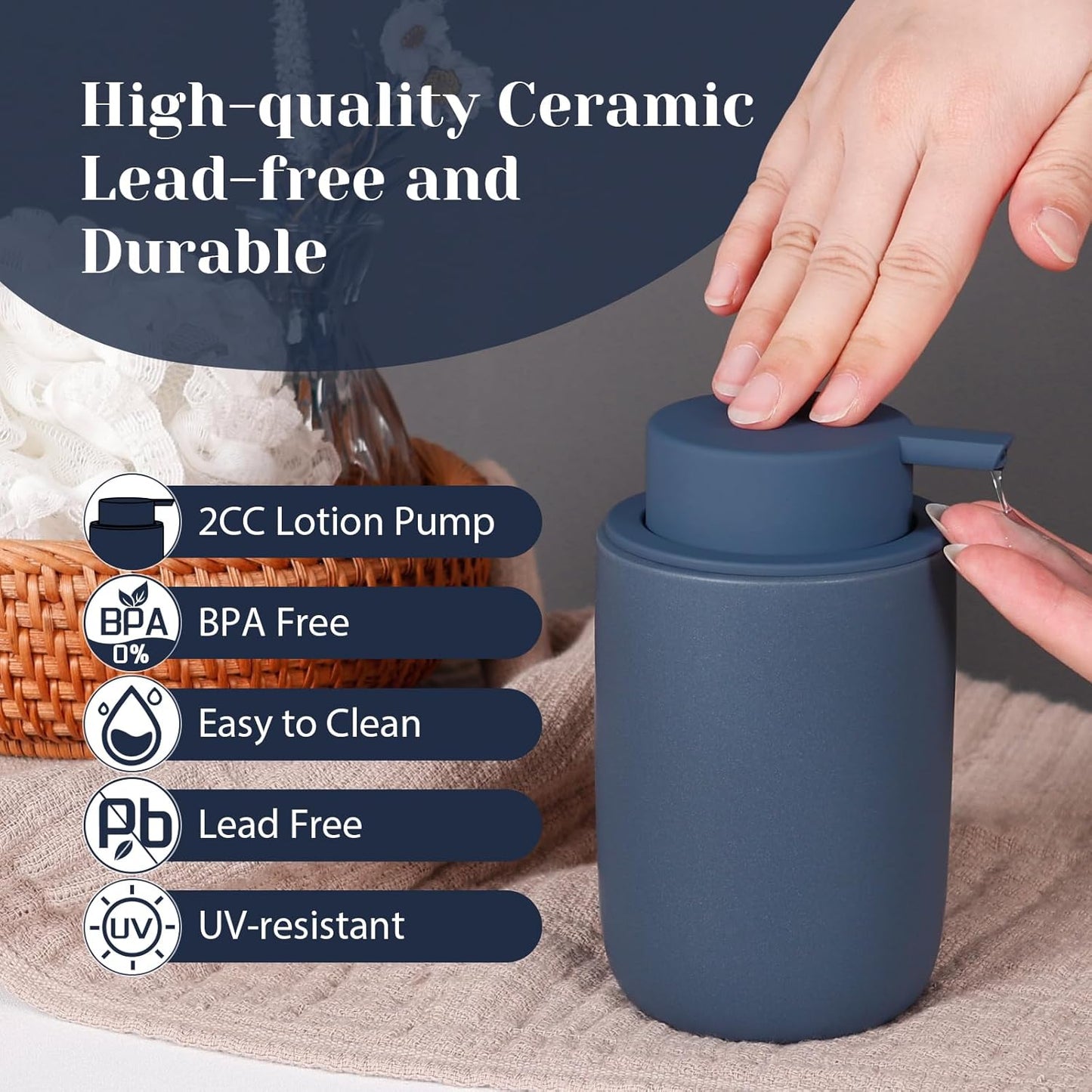 INGOFIN Ceramic Soap Dispenser Set, 2 Pack (12 oz) Bathroom Hand Soap Dispenser with Pump, Liquid Hand and Dish Dispenser Set with 8 Pcs Clear Stickers, for Kitchen -Matte Blue