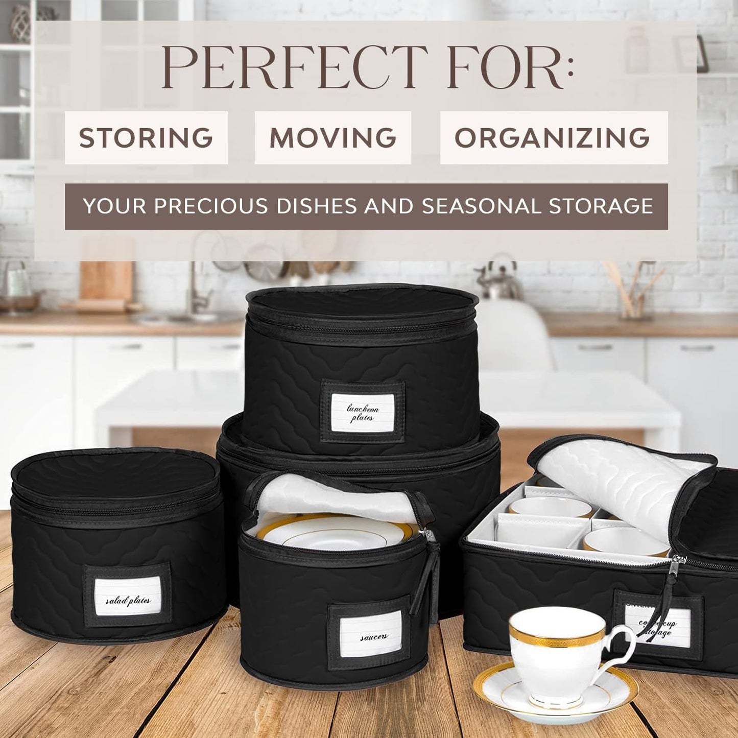 China Storage Containers 5-Piece Set Moving Boxes for Dinnerware, Glasses, Plates, Mugs and Saucers Sturdy Quilted Microfiber Dish Organizer with Dividers for Seasonal Storage - Holds Set of 12, Black