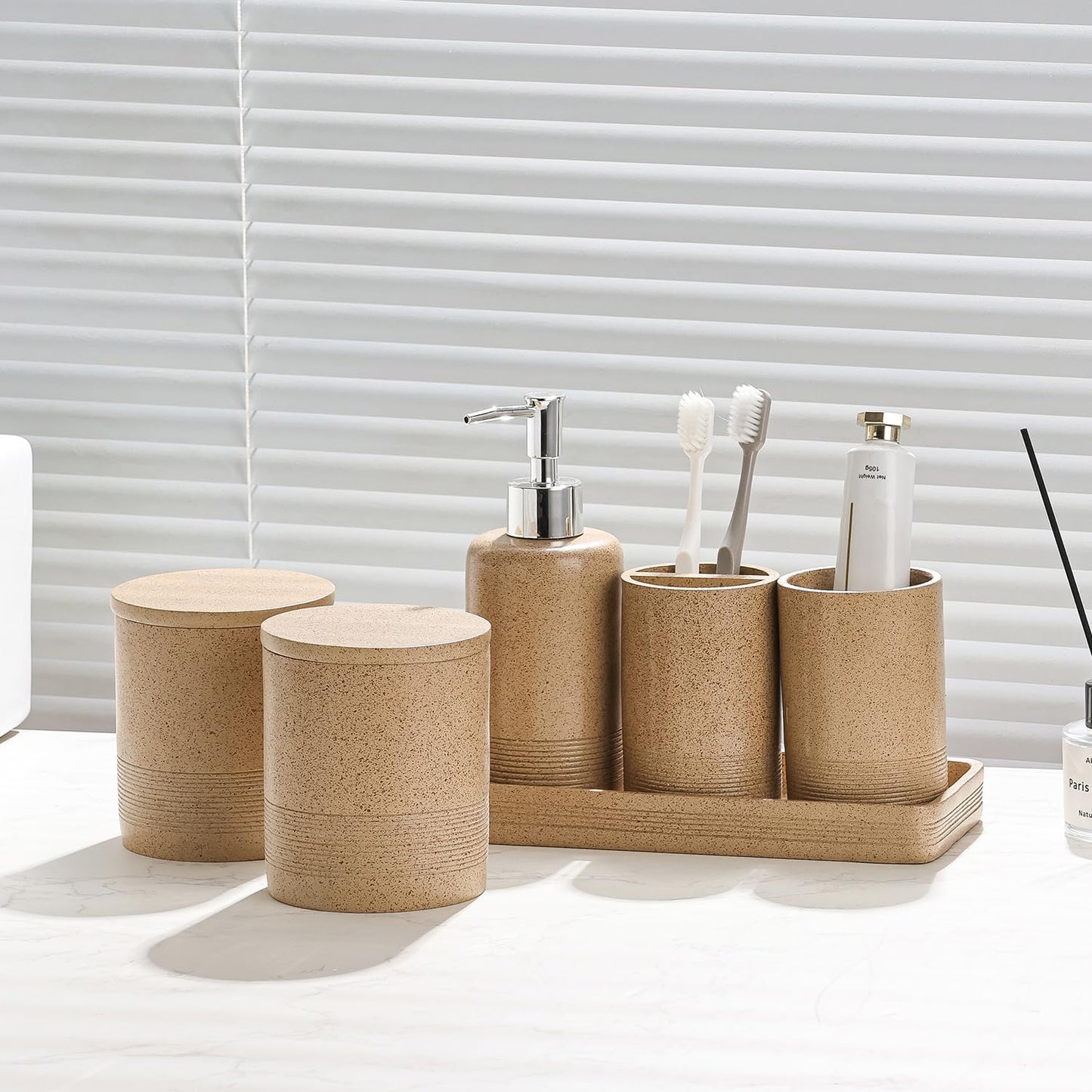 Bathroom Accessories Set, 6 PCS Modern Rustic Resin Bathroom Organizer Set, Toothbrush Holders Set, Soap Dispenser, Vanity Tray, Tumbler, Cotton Swab Jars (Dark Beige)
