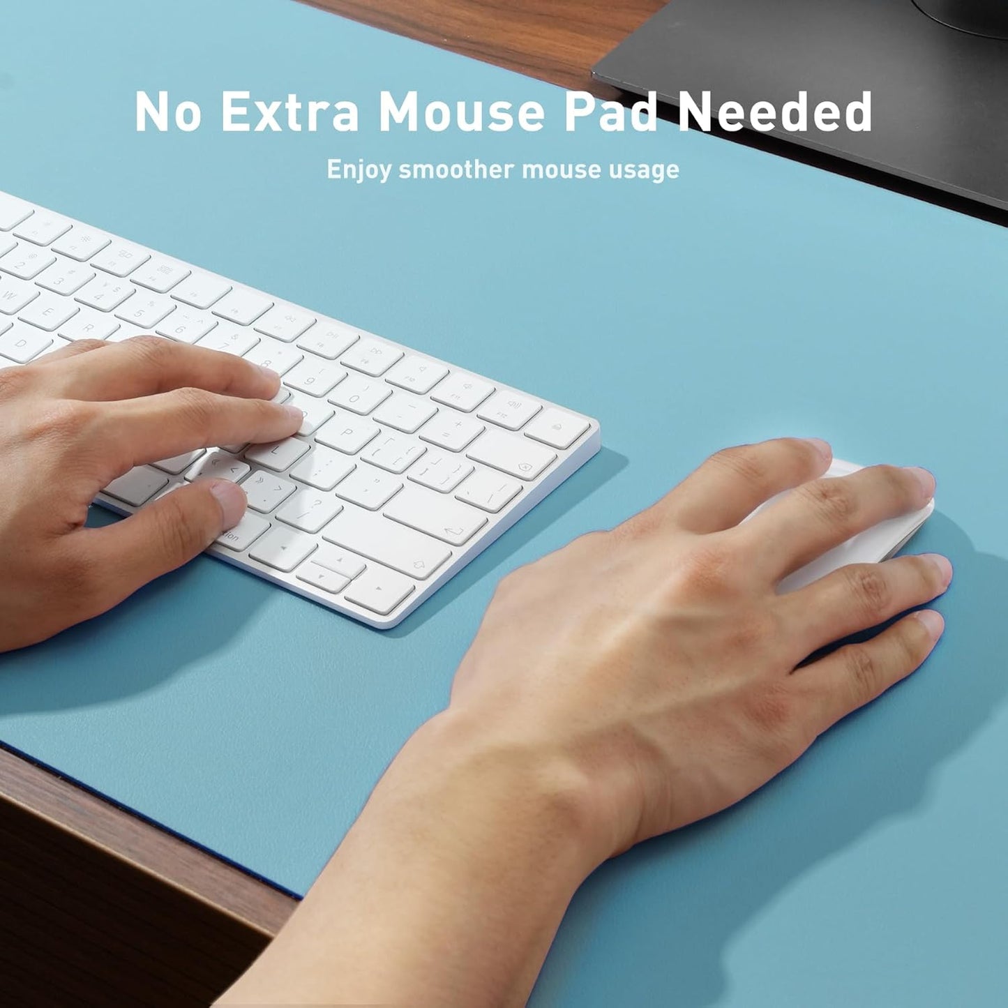 Aothia Faux Leather Desk Mat – Large Mouse Pad, Non-Slip PU Leather Blotter, Waterproof Writing Surface for Office and Home (Blue Topaz, 47.2" x 23.6")