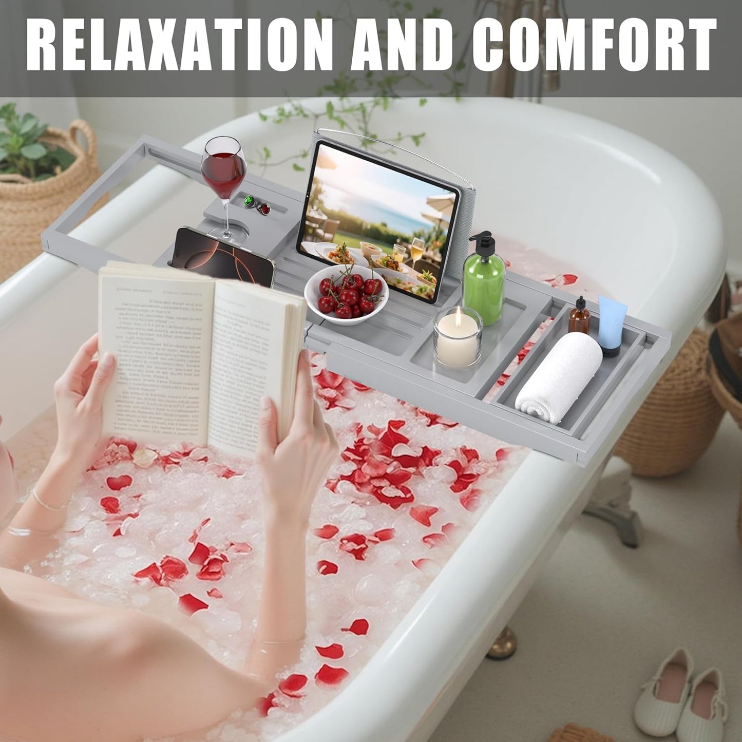 Foldable Bathtub Caddy Tray for Tub,Bamboo Expandable Bath Table Trays,Premium Bathroom Accessories for New Home & Mothers Day & Birthday Gifts for Couples,Gray