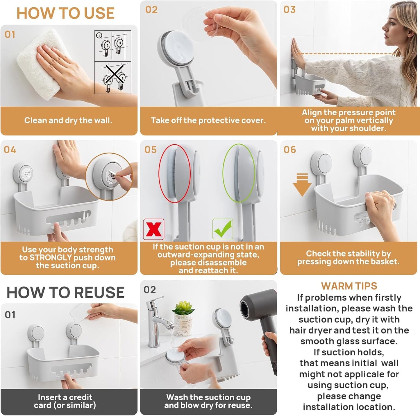 LEVERLOC Shower Caddy Suction Cup Set Shower Organizer & Soap Holder & Toothbrush Holder, Bathroom Shelf Basket NO-Drilling, Removable Suction Storage Waterproof Bathroom Caddy, Gray