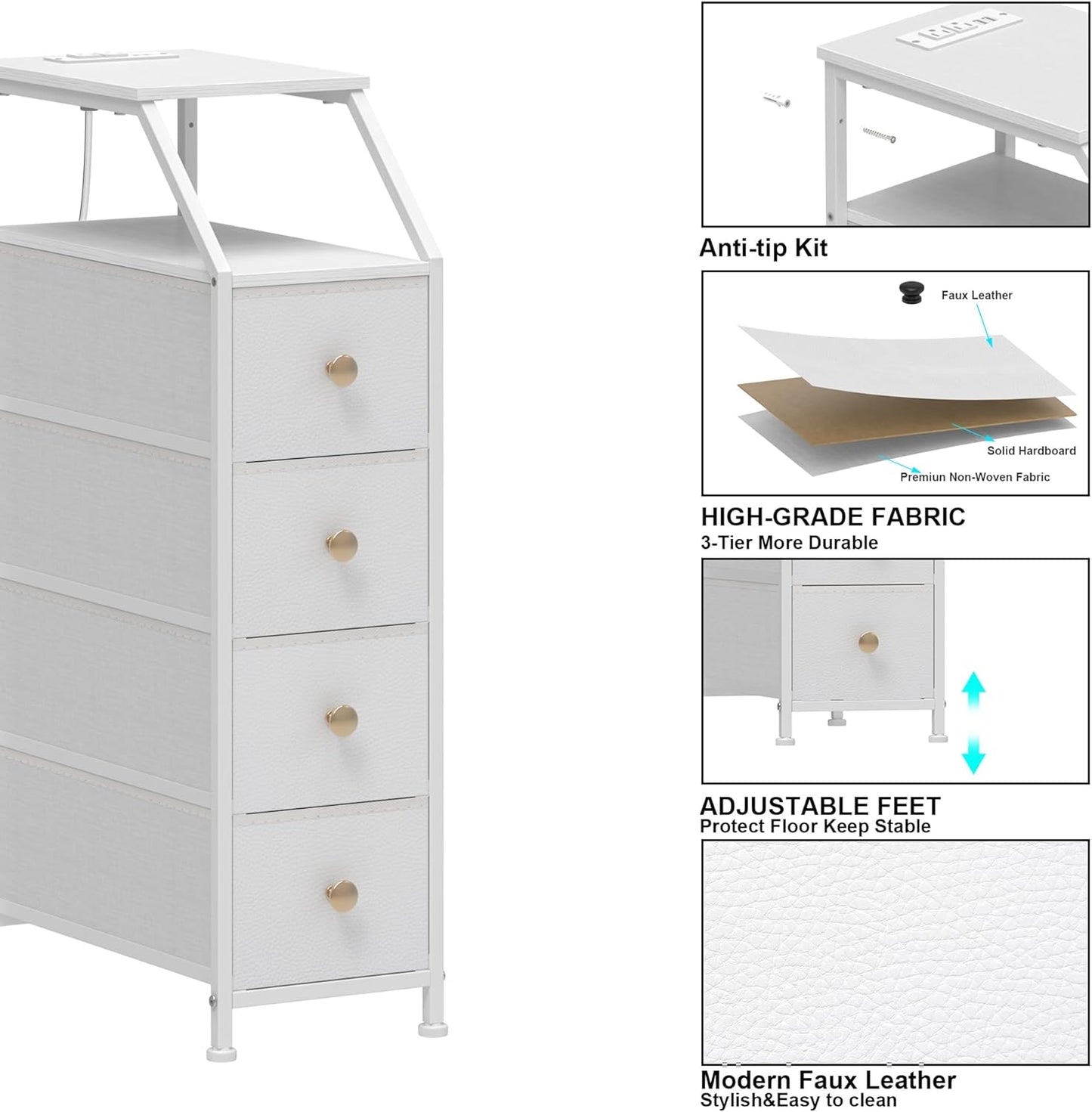 Tohomeor Narrow Dresser Tall Skinny Storage Tower Vertical Slim Chest of Drawers with Charging Station Small Nightstand Side Table for Bedroom, Bathroom, Small Spaces (White, 4 Drawers)