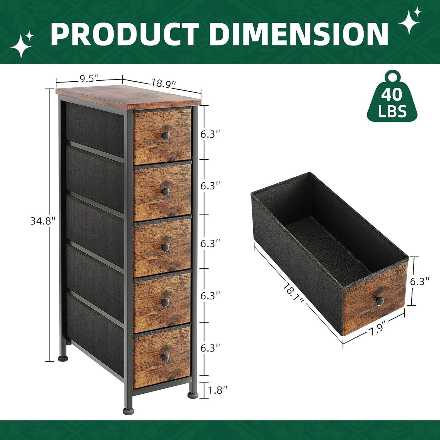 COTUBLR Narrow Dresser, 19" Wide Narrow Nightstand Dresser Storage Tower with 5 Drawers, Slim Fabric Dressers Chest of Drawers for Small Spaces, Wood Top & Fabric Bins for Bedroom Bathroom Closet