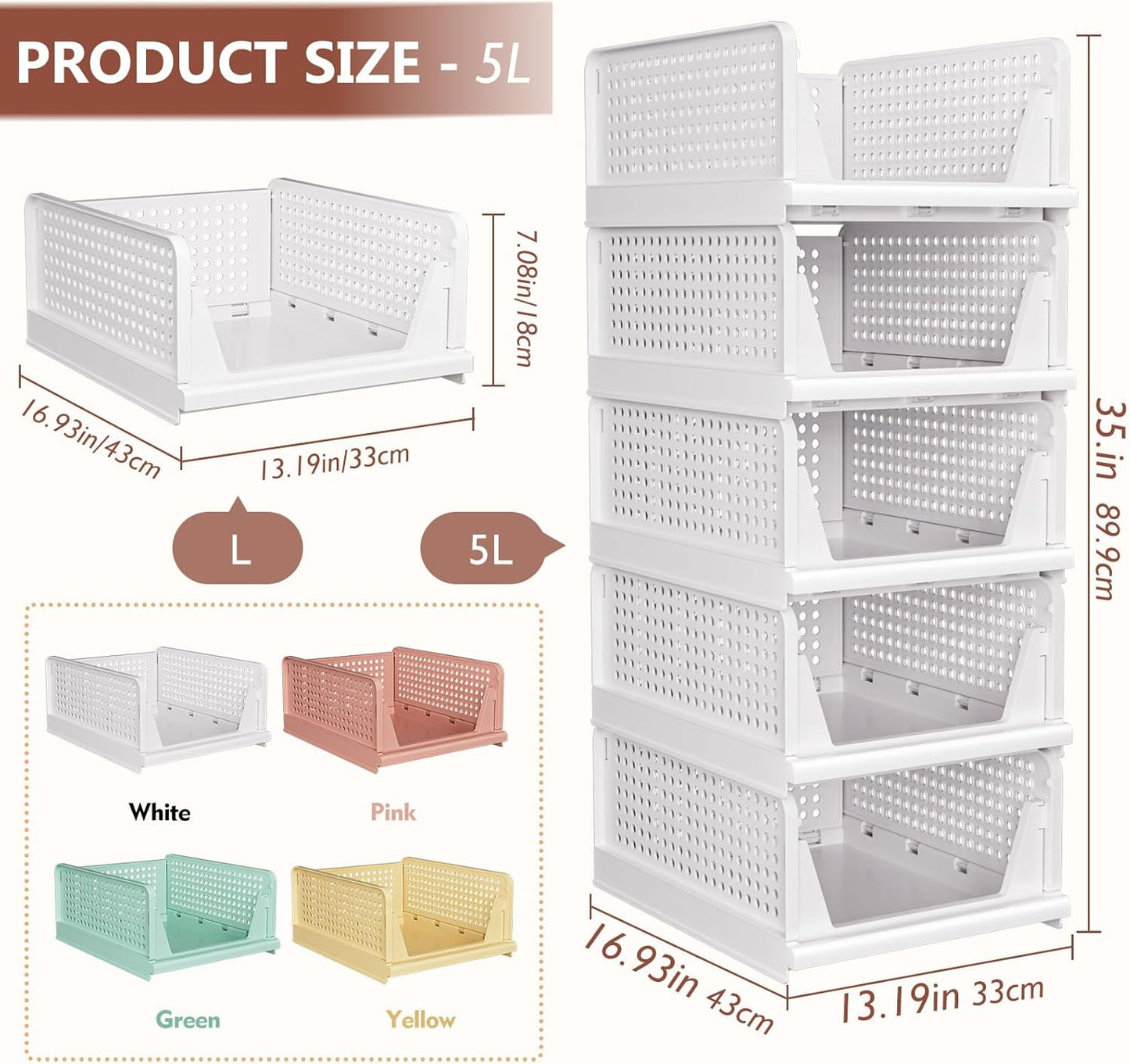 5 Pack Folding Closet Organizers Storage Box, Stackable Storage Bins, Plastic Drawer Basket Closet Storage for Wardrobe Cupboard Kitchen Bathroom Office Green-5L