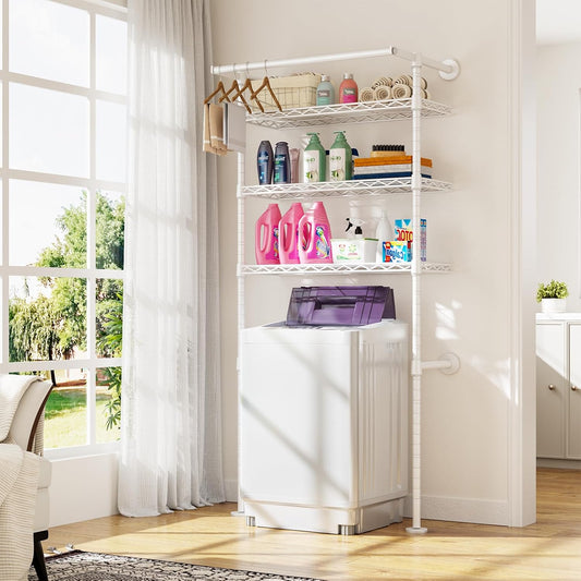 U17 Wall-Mounted Over The Washer Dryer Shelves Without Moving Machines, Laundry Room Rack with Adjustable Shelves and Hanger Rod, 35" W x 22" D x 86.2" H, Holds 352 lbs, White