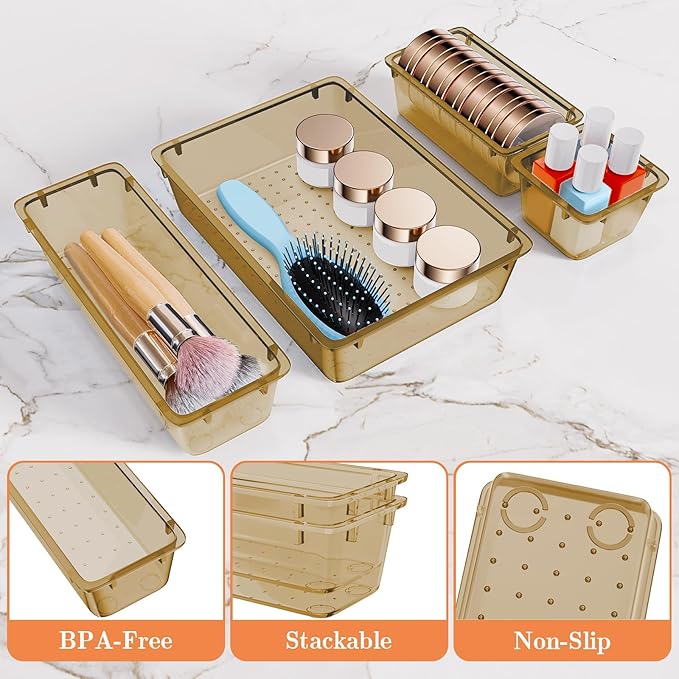 25 PCS Plastic Drawer Organizer Set, 4-Size Versatile Organizer Trays & storage Bins for Makeup, Jewelry, and Gadgets in Bathroom, Bedroom and Office,Champagne