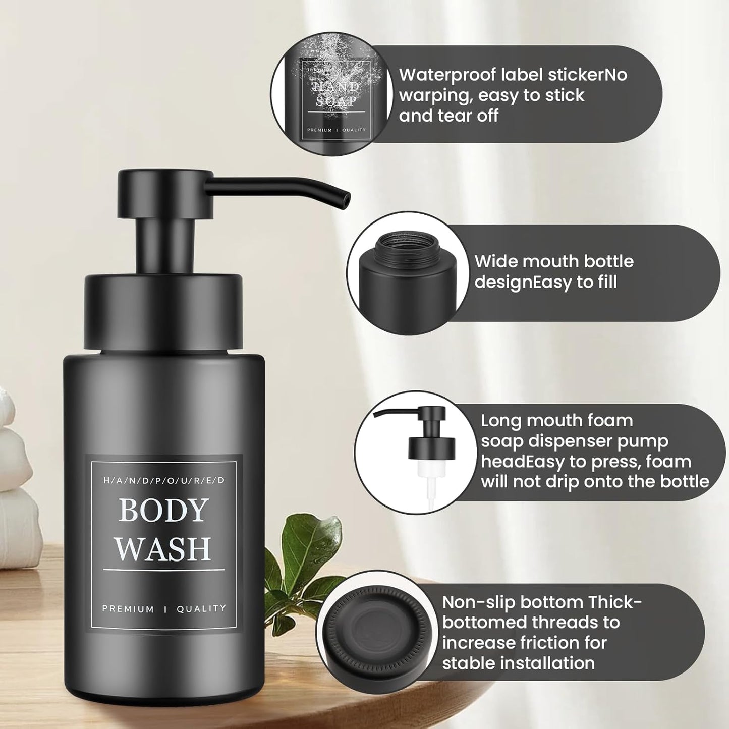 6 Pack 10 OZ Glass Foaming Soap Dispenser for Bathroom & Kitchen Foaming Hand Soap Dispenser with Labels Dispenser for Liquid Soap,Shampoo,Body Wash,Dish Soap,Black