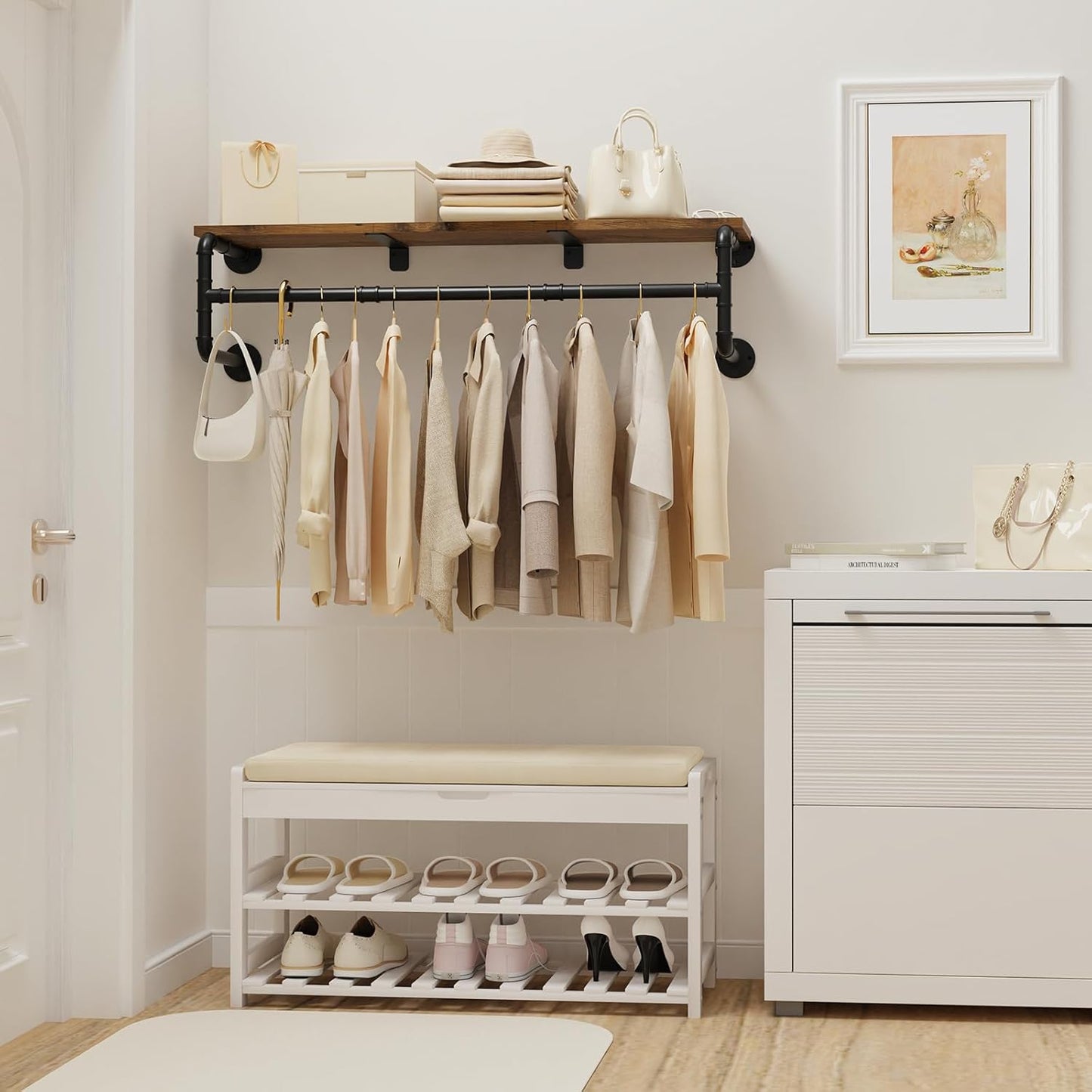 Yawinhe Industrial Pipe Clothing Rack with Shelves, Wall Mounted, Space Saving Closet Rod with 4 Bases, for Shops, Homes, 41.3''Lx10.2''Wx10.2''H, Rustic Brown, 1-Pack