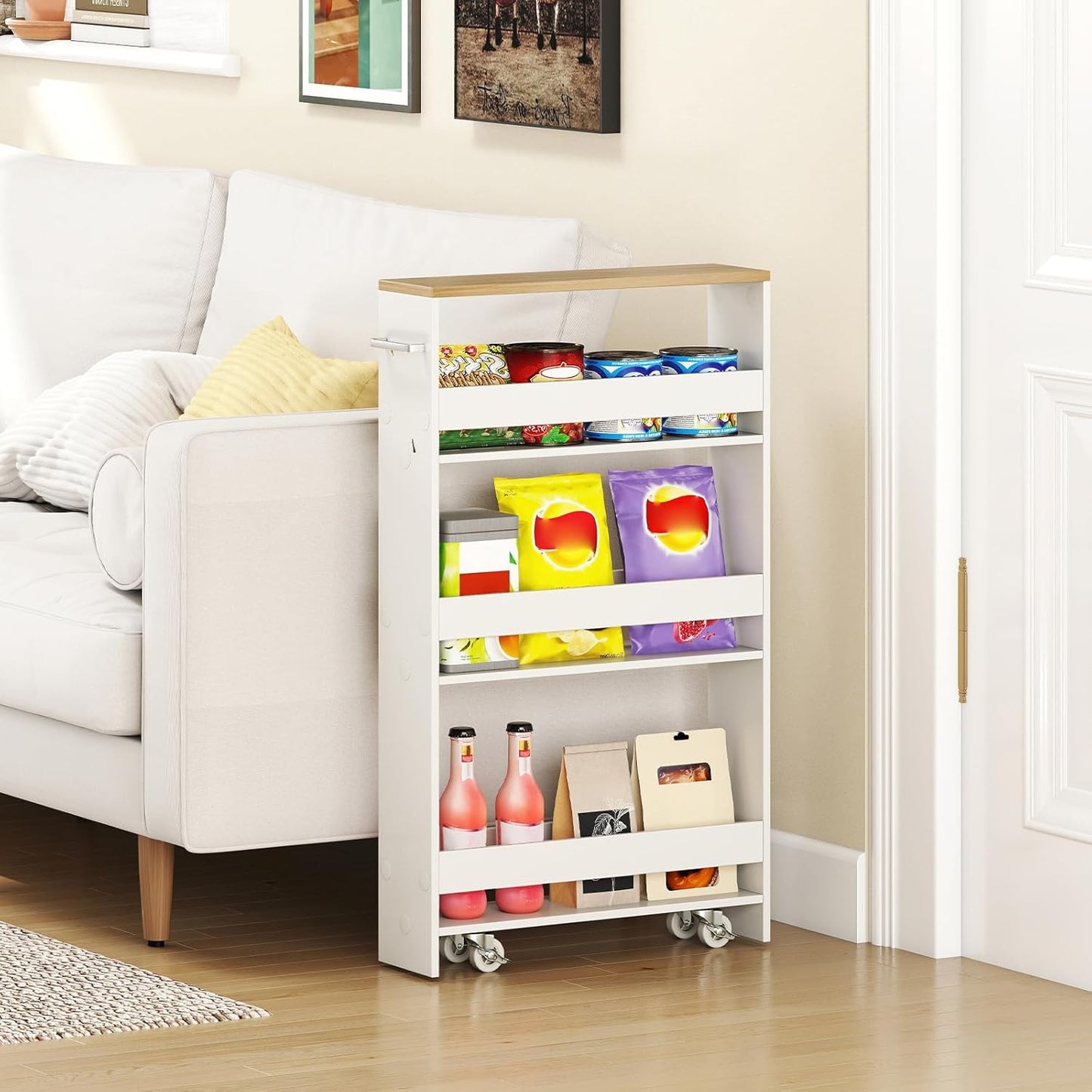 Small Kitchen Cart, 4-Tier Slim Rolling Island w/Handle, Laundry Room Storage Organizers Between Washer and Dryer, Narrow Spice Rack on Wheels Next to Fridge (White & Natural, 5'')