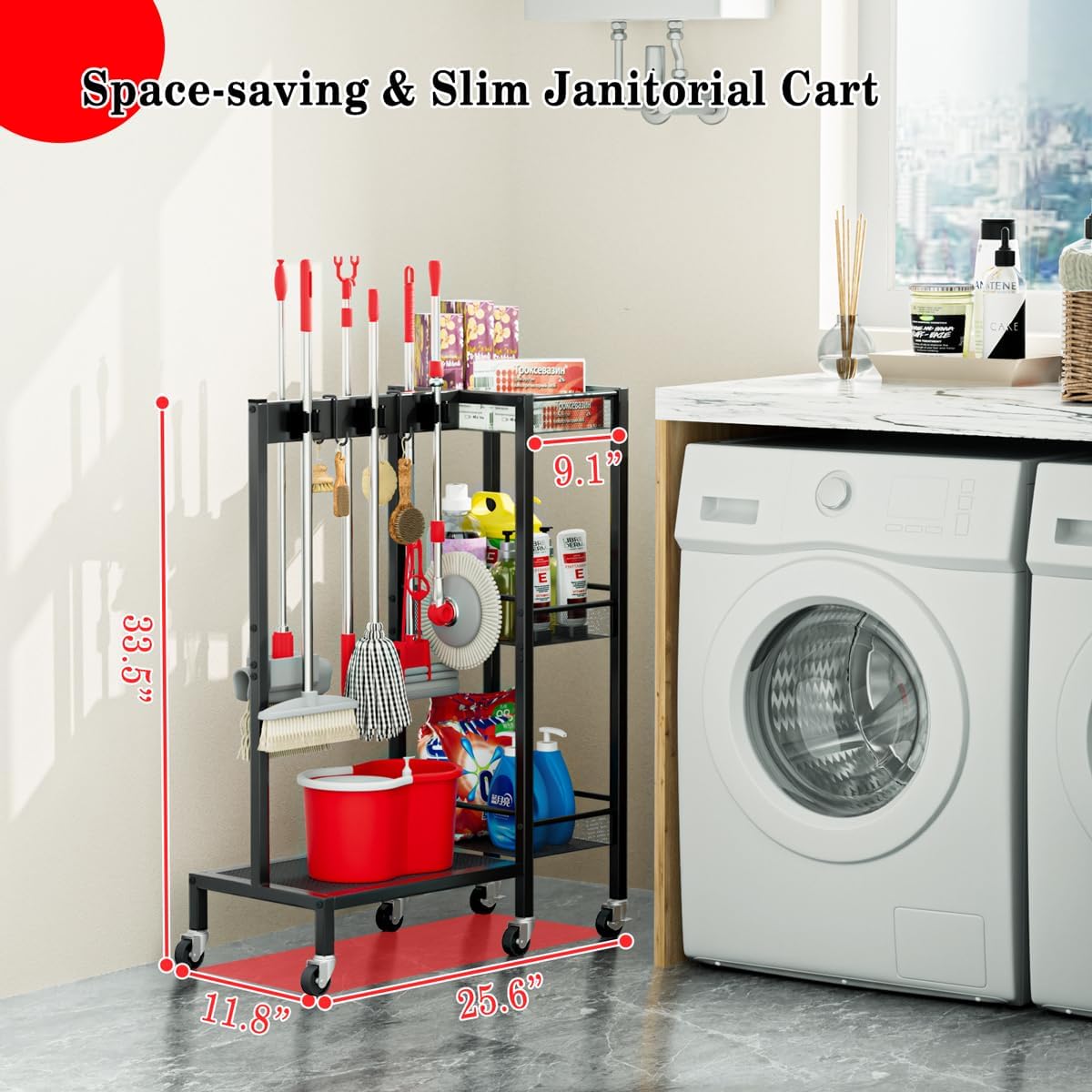 Broom and Mop Holder with Wheels, Large Capicity Cleaning Supplies Organizer with 3-tier Storage Shelf, Cleaning Rack with Hanger Grippers Hooks, Narrow Housekeeping Rack for Laundry Room Garage