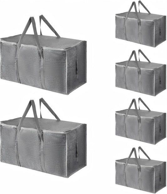 6 Pack-Extra Large Heavy Duty Moving Bags - Waterproof Storage Totes with Handles & Zippers, Foldable for College Dorm, Storage (Gray)