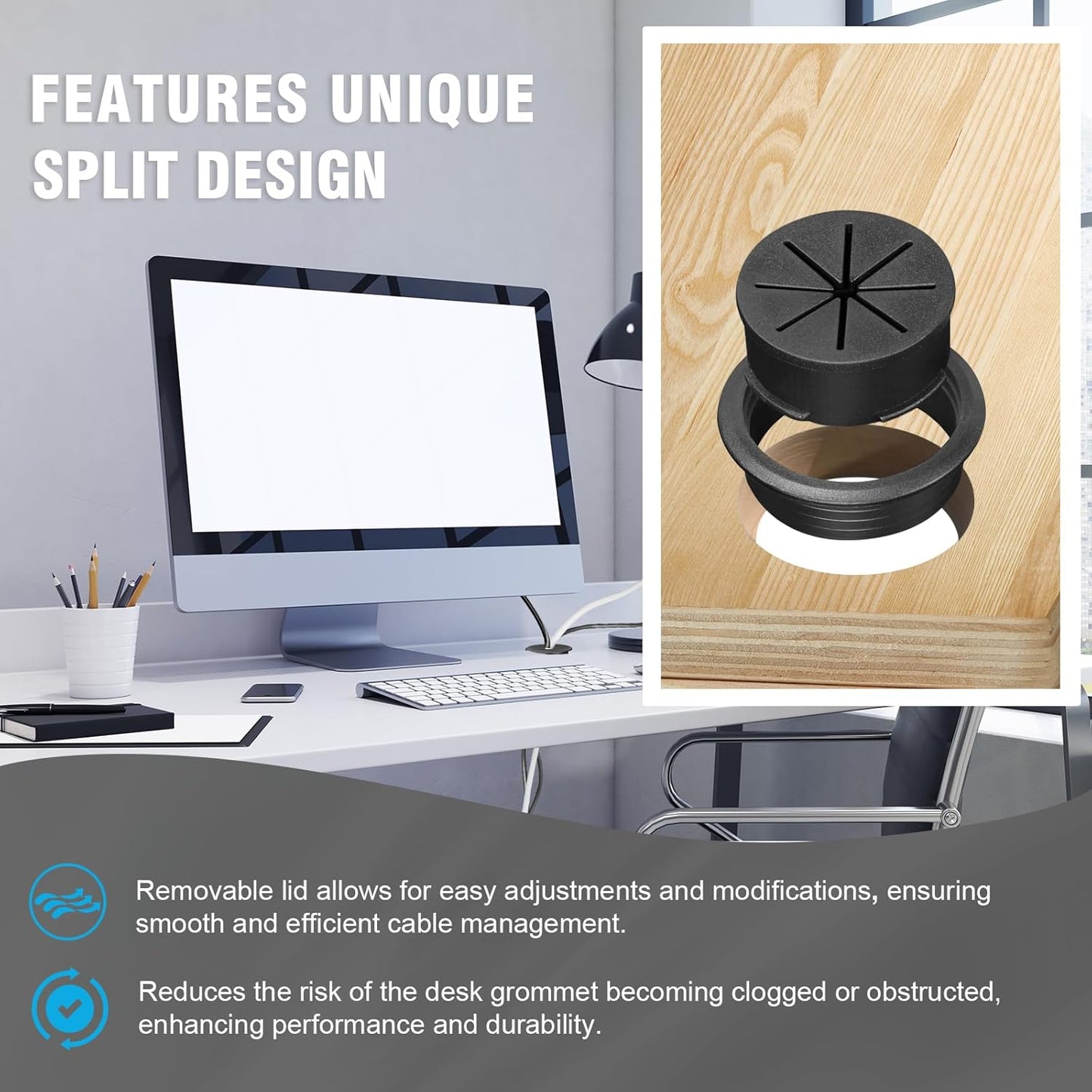 2" Black Desk Grommet, JTemgle Flexible Cable Grommet Plastic Cable Hole Cover Wire Organizer Caps Desktop Cord Management for Home Office TV Stands Tabletops, 2 Pieces