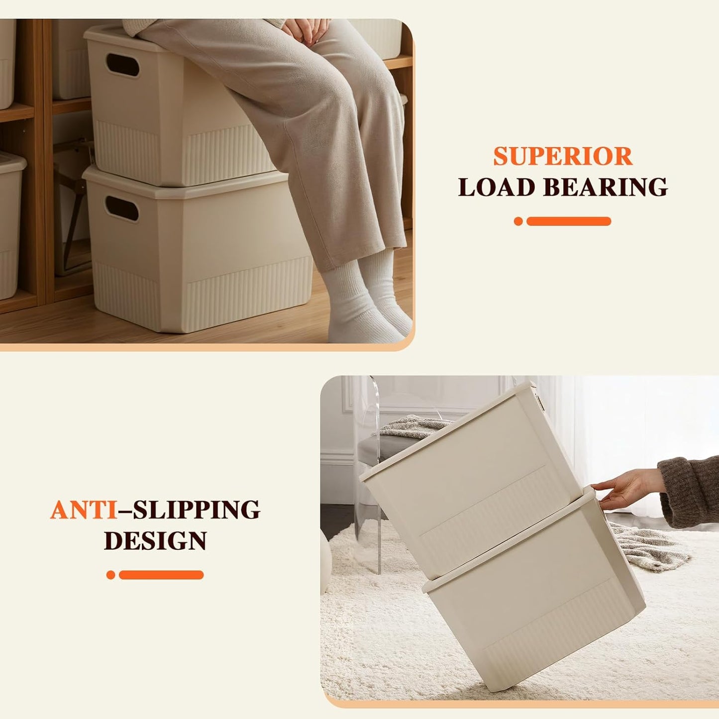 ANMINY 12PCS Plastic Storage Bins Containers with Lids, Large Storage Organization Bins Boxes, Lidded Plastic Storage Baskets for Closet Shelves Drawers Desktop Home Office, Ivory