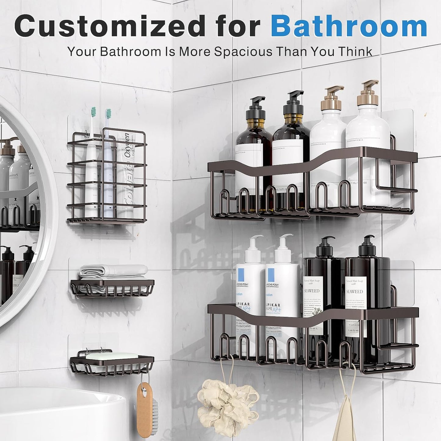 EUDELE 5-Pack Rustproof Stainless Steel Shower Caddy – No Drill Adhesive Bathroom Organizer with Large Capacity, Spacious Shower Shelves for Inside Shower, Kitchen & Home Decor Storage-XL Size