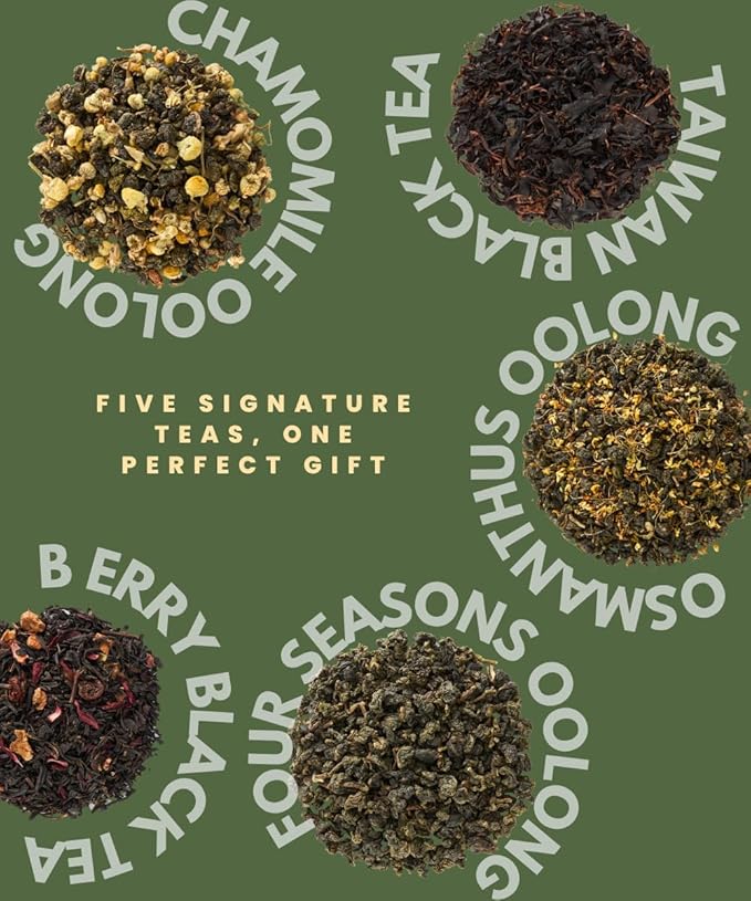 EZR Leaf Tea Sampler Gift Box – 22 Pyramid Tea Bags with Taiwan Black, Osmanthus Oolong, Chamomile Oolong, Berry Black, Four Seasons Green – Flavored Assorted Tea Set for Gifting & Tasting