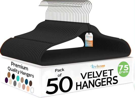 50 Pack New Premium Quality Velvet Hangers Ultra Thin Non Slip Adult Felt Space Saving Hangers for Closet Heavy Duty Coat Pants Jackets Dress Hangers 360° Swivel Hook Hold Upto 10 lbs Black