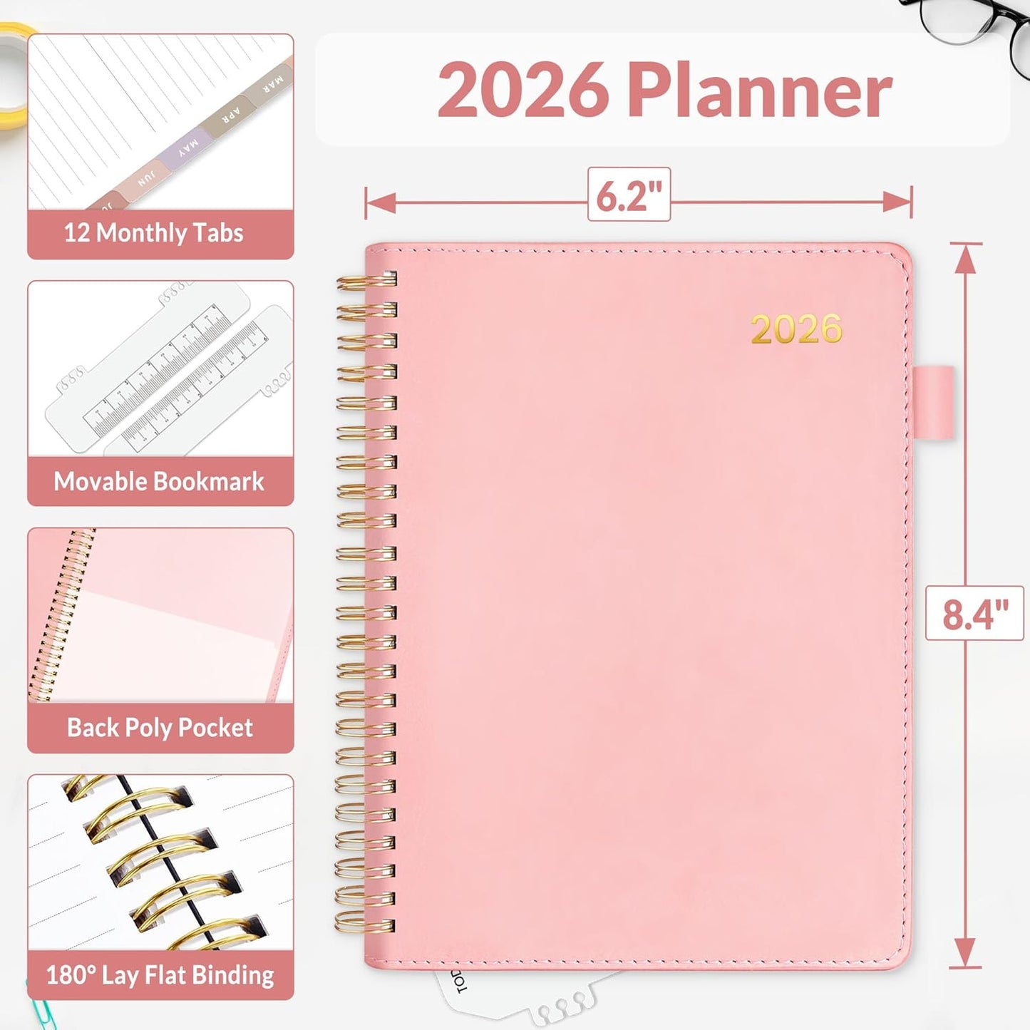 SUNEE 2026 Weekly & Monthly Planner 6.4"x8.5"- 12 Month (January 2026 - December 2026), Vegan Leather Cover, Pocket, Bookmark, Notes, Monthly Tab, Peach Pink