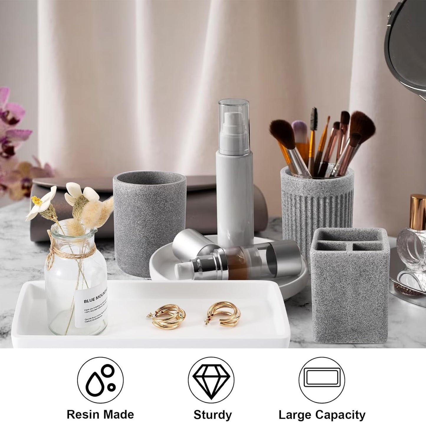 Resin Matte Gray Bathroom Toothbrush Cups Set with Holder and Tray, 4 Pcs Bathroom Accessories Set Counter Organizer for Sink Home Decor