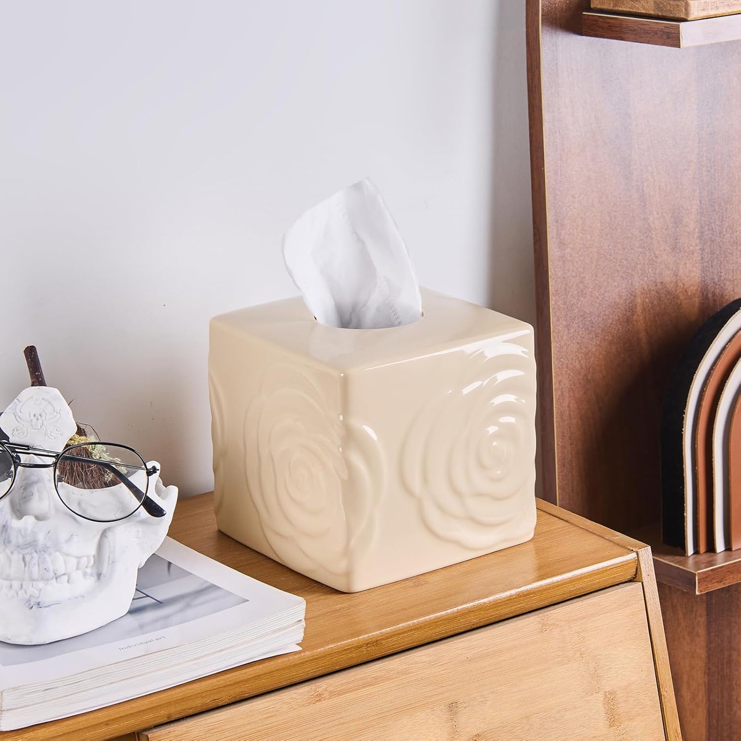 Beige Ceramic Cube Tissue Box Cover with Rose – Large Elegant Rose Floral Square Decorative Tissue Box Holder for Bathroom, Bedroom, Office Desk, Kitchen Counter – Perfect Housewarming Gift