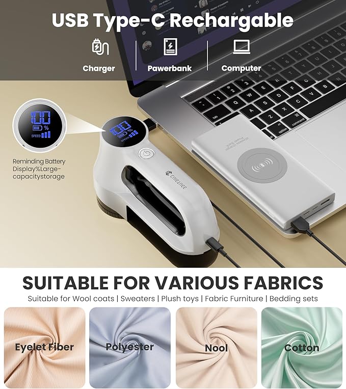 Rechargeable Fabric Shaver | 3-Speed Electric Lint Remover | 6 Blades High Eliminates Fuzz & Pilling | with LED Display & Type-C Fast Charging Port | Lint Shaver for Clothes & Furniture - White