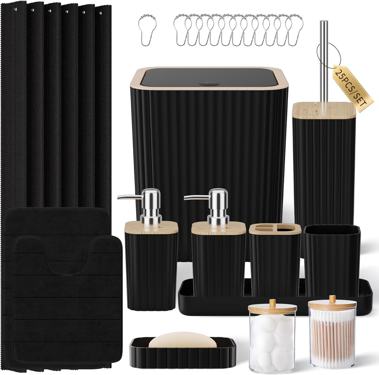 Bathroom Set - 25PC Black Bathroom Set with Shower Curtain and Rugs, Bathroom Accessories Set, Black Shower Curtain Set with Bathroom Trash Can