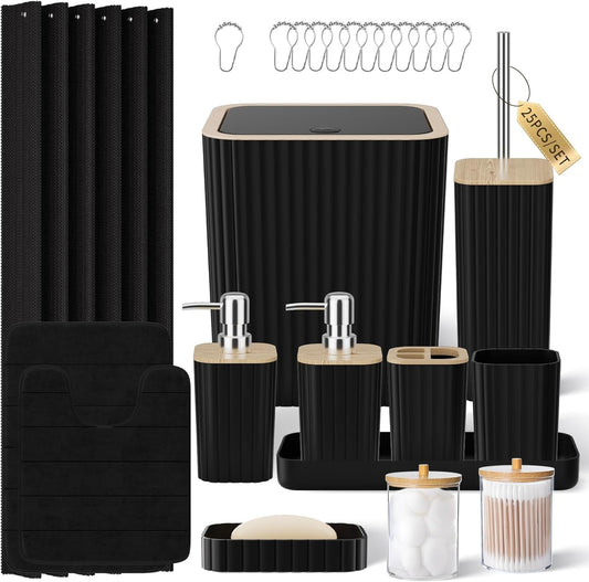 Bathroom Set - 25PC Black Bathroom Set with Shower Curtain and Rugs, Bathroom Accessories Set, Black Shower Curtain Set with Bathroom Trash Can
