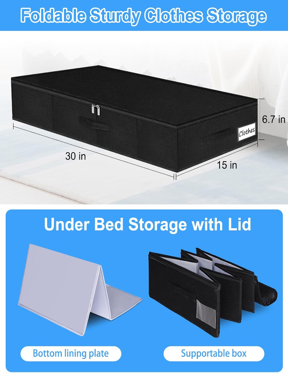 Under Bed Storage Bags with Zipper, 7 Inch Tall Underbed Storage Containers with Rigid Sides & Bottom,30x15x6.7 Inches, Large Clothes Organizer Box for Bedroom, Dorm, Couch, Black
