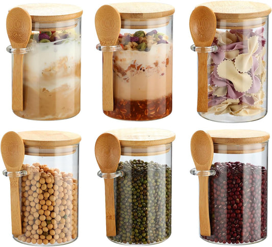 6 Pack Glass Jars with Bamboo Lids and Spoons for Loose Leaf Tea Storage, 17 OZ Overnight Oat Container with Lid and Scoop, Glass Canister Set as Tea Container for Loose Leaf Tea Holder