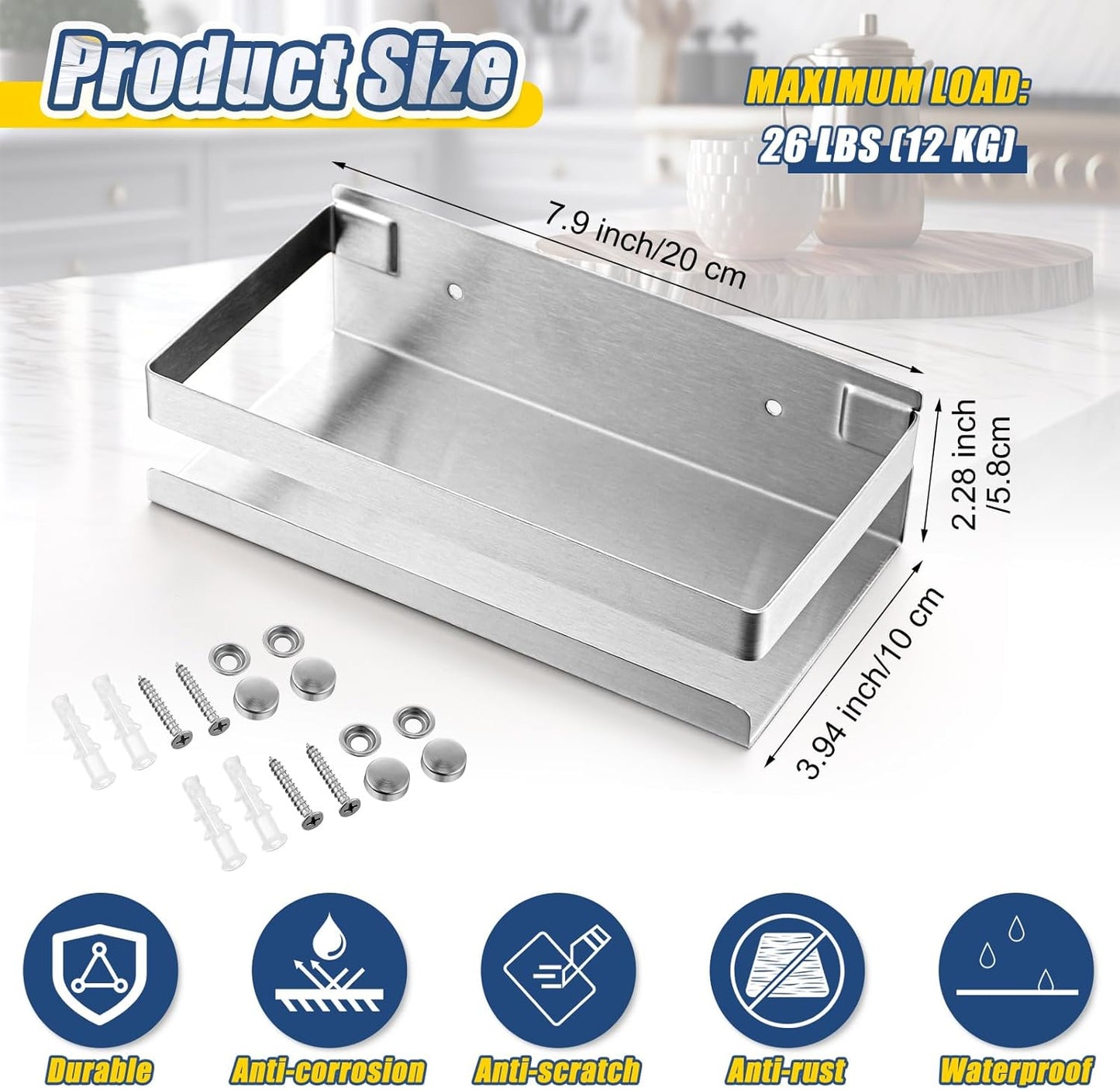 Lallisa 2 Pieces Stainless Steel Shelf Bathroom Shower Floating Shelves Wall Mounted Shower Caddy Basket Shelf Storage Organizer Shelves for Bathroom, Kitchen, Living Room (7.87 Inches/ 20 cm,Silver)