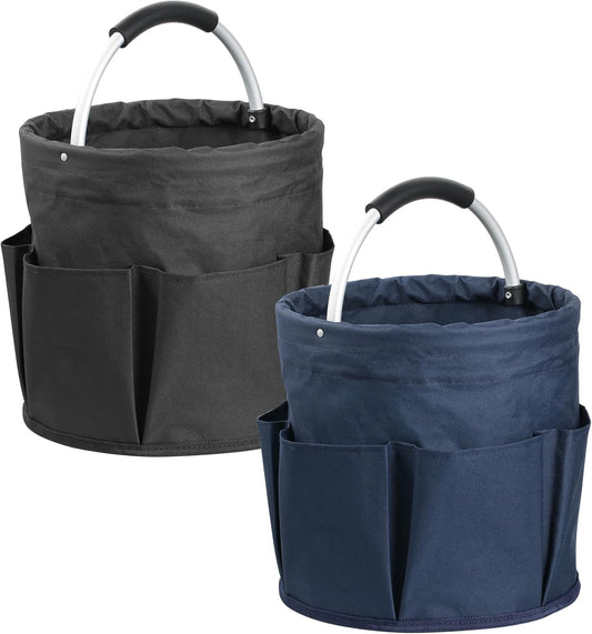 17L Bucket Tool Organizer with 6 Side Pockets, 2Pcs Collapsible Cleaning Caddy with Handle, Folding Gardening Tool Bag, Multifunctional Storage Basket for Garden, Bathroom, Black + Navy Blue