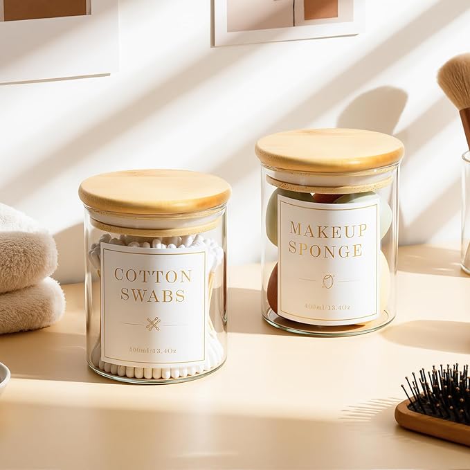 Luxspire 2 Pack Glass Qtip Holder Dispenser, 13.4 oz Cotton Swab Holder with Bamboo Lids, Glass Apothecary Jars Bathroom Accessories Canisters for Cotton Swabs, Balls, Pads, Floss Picks