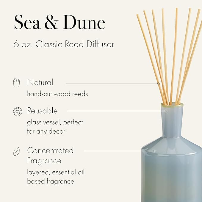 LAFCO New York Classic Reed Diffuser, Sea & Dune - 6 oz - Up to 3 Months Fragrance Life - Reusable Glass Vessel - Natural Wood Reeds - Made in The USA